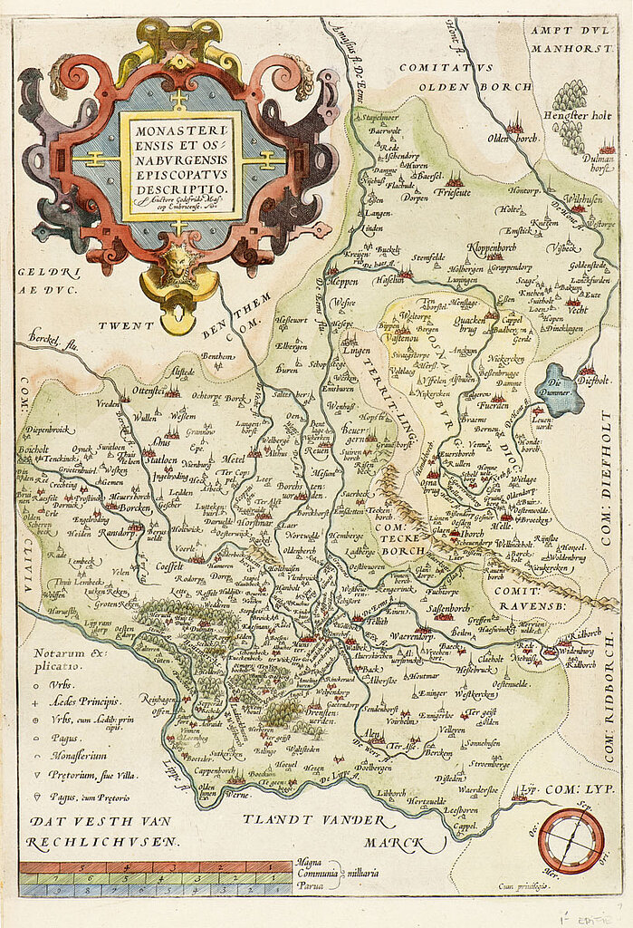 Kolorierter Kupferstich einer Karte des Bistums Münster