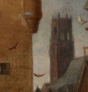 Detail aus dem Gemälde Sankt Nikolaus: Ludgerikirche mit Fledermäusen. Der Kirchturm hat kein spitzes Dach, sondern einen flachen Turm mit Zinnen.