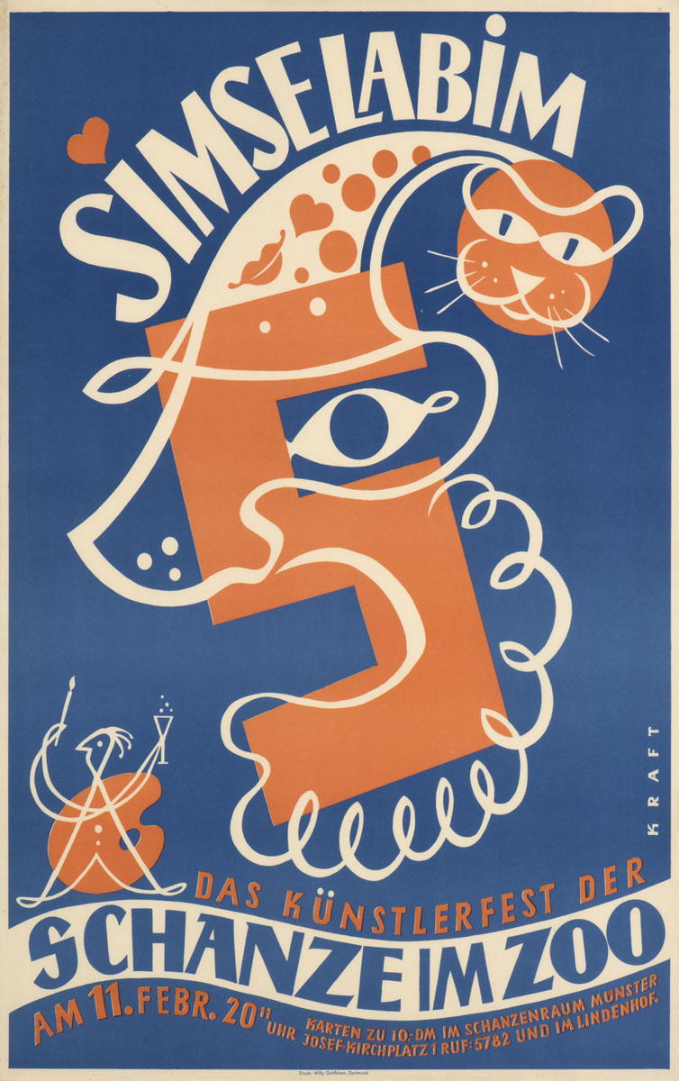Plakat in blau, weiß und rot. Eine rote Fünf ist mit einer stilisierten Nase, einem Auge und einer Narrenkappe versehen. Text: Simselabim - Das Künstlerfest der Schanze im Zoo