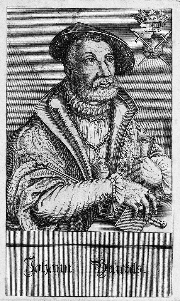 Kupferstich von Jan van Leyden. Ein Mann mit kurzen Haaren, großer Nase, großen Augen und lockigem Vollbart. Text: Johann Beutels