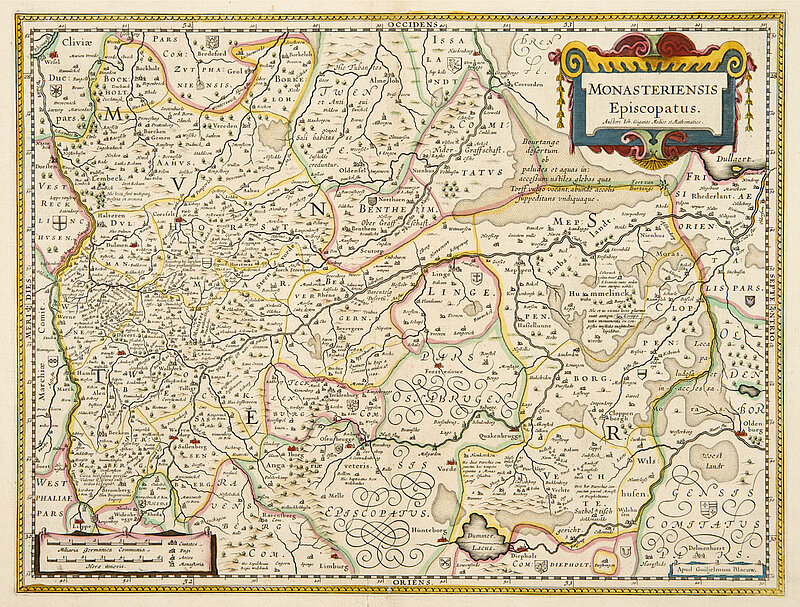 Kolorierter Kupferstich einer Karte des Bistums Münster 