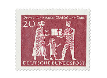 Rote Briefmarke, Wert 20 Pfennig. Text: Deutschland dankt CRALOG und CARE - DEUTSCHE BUNDESPOST 