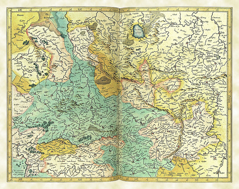 Kolorierter Kupferstich einer Karte des Bistums Münster 