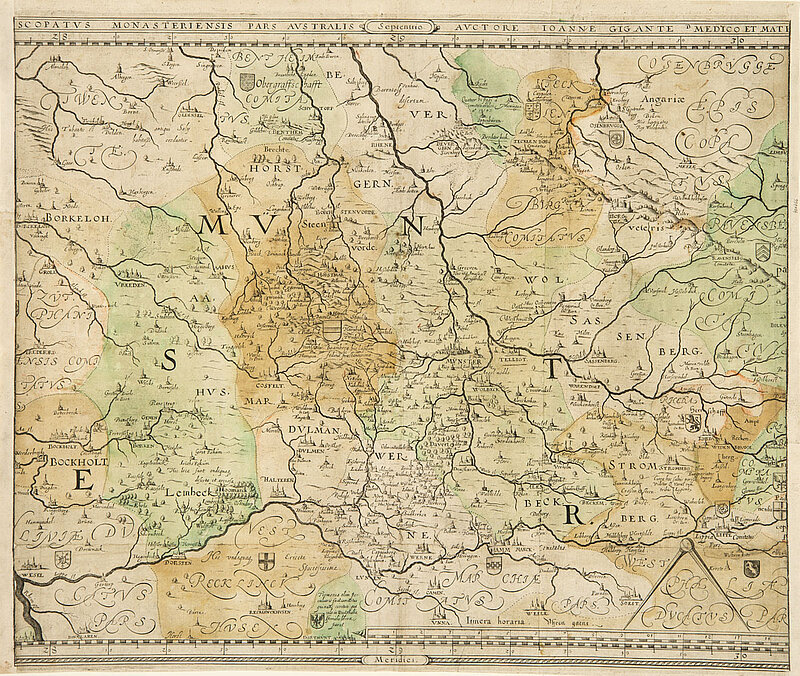 Kupferstich einer Karte des Bistums Münster, die Koloration ist sehr verblasst
