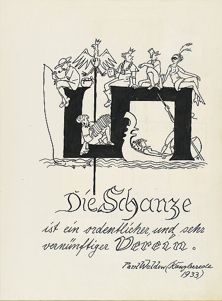 Zeichnung einiger Gestalden auf dem Symbol der Schanze, einem nach rechts gedrehten großen, eckigen "S". Text: "Die Schanze ist ein ordentlicher und sehr vernünftiger Verein."