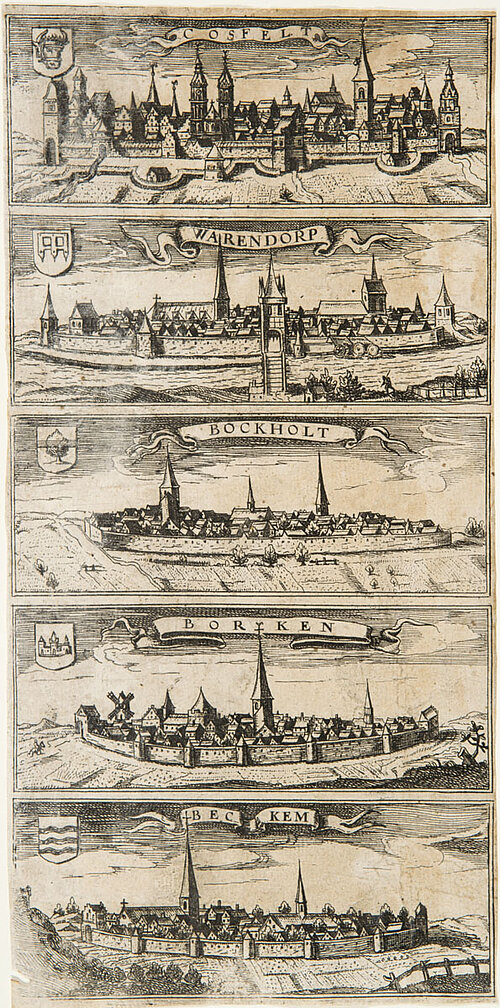 Kupferstiche der Stadtansichten. Von oben nach unten beschriftet mit: Cosfelt, Warendorp, Bockholt, Borken, Beckem